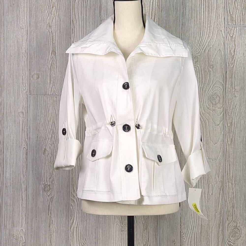 Brand New Ruby Road Women’s Size 8 Cream Peacoat Jacket Stretch Black Buttons